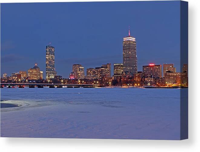 Boston Canvas Print featuring the photograph Boston Prudential Center Lit in Blue and Red for Super Bowl XLIX by Juergen Roth