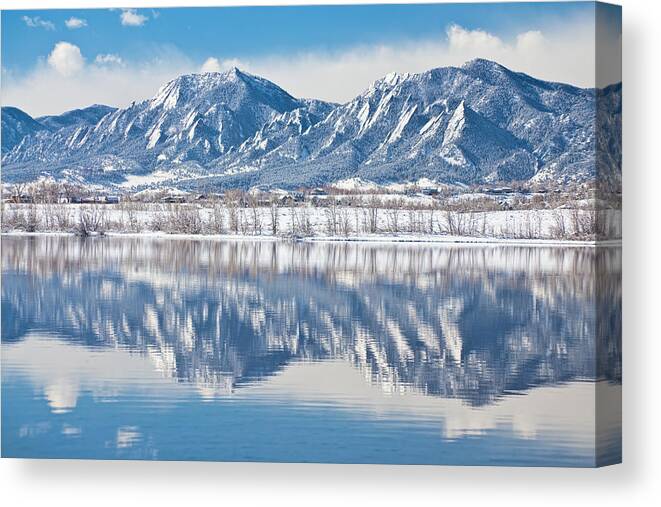 Winter Canvas Print featuring the photograph Boulder Reservoir Flatirons Reflections Boulder Colorado by James BO Insogna