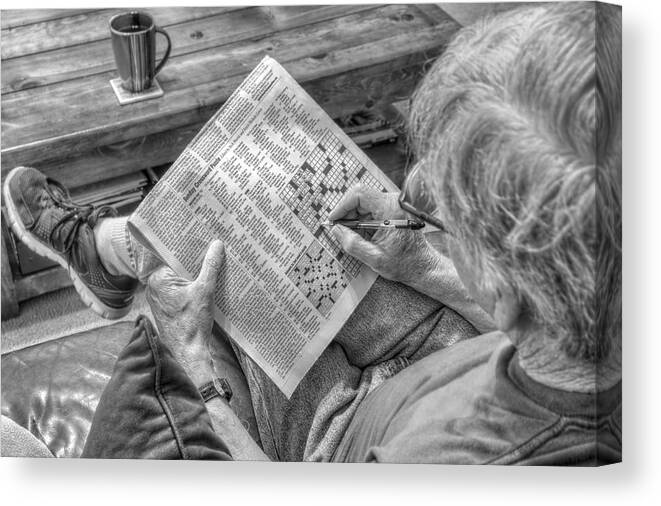 Sunday Crossword Puzzle Canvas Print featuring the photograph Mind Games - Sunday Crossword Puzzle - Black and White by Jason Politte