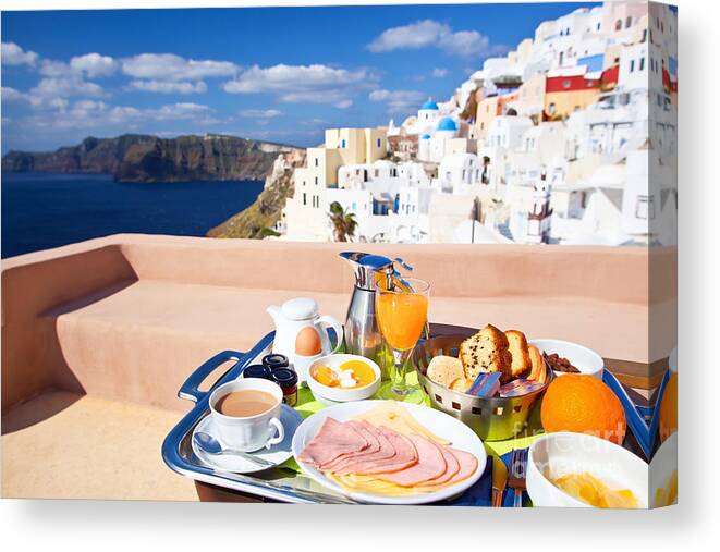 Santorini Canvas Print featuring the photograph Breakfast at terrace by Aiolos Greek Collections