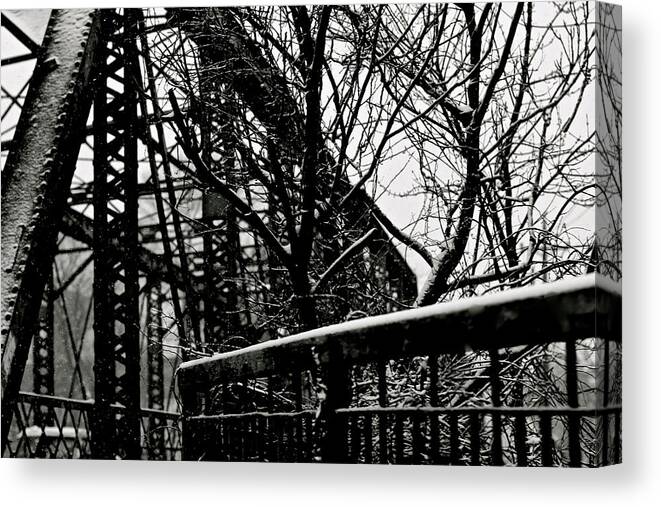 Bridge Snow Street Trees Blank And White Canvas Print featuring the photograph Bridge at snowfall by Denise Cicchella