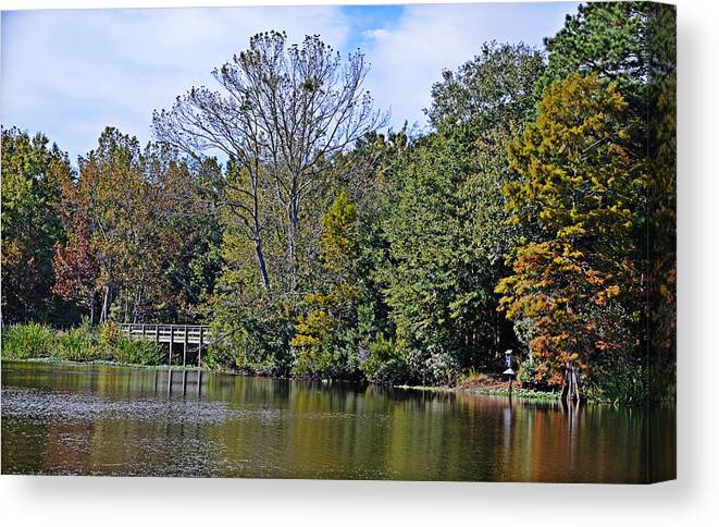 Lake Canvas Print featuring the photograph Bridge Over Placid Waters by Linda Brown