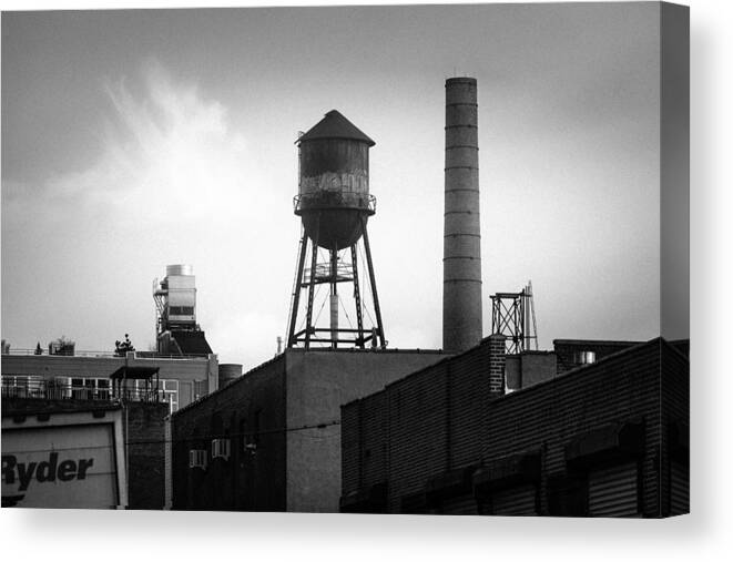 Industrial Chic Canvas Print featuring the photograph Brooklyn Water Tower and SmokeStack - Black and White Industrial Chic by Gary Heller