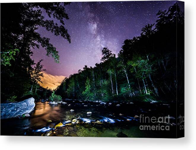 The The Milky Way Rising Above Brown Mountain Beach. Pisgah National Forest Canvas Print featuring the photograph Brown Mountain Beach Milky Way by Robert Loe