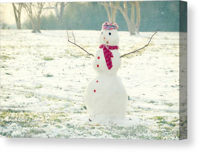 Snow Canvas Print featuring the photograph But Snowmen Can't Talk by Robin Dickinson