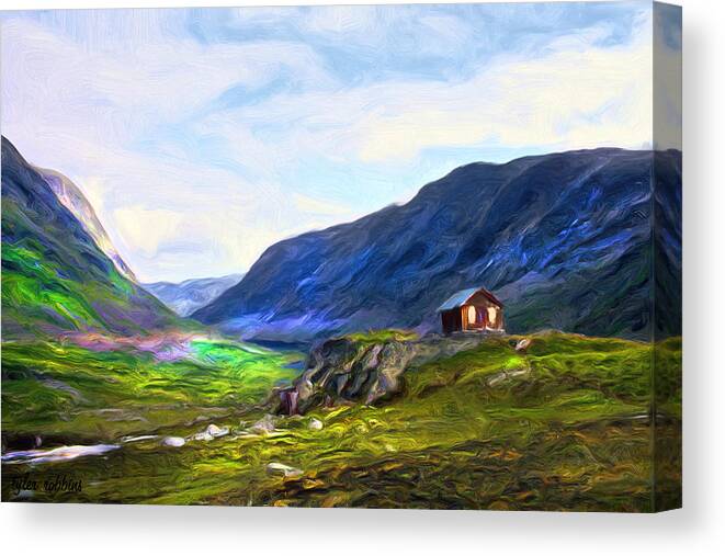 Landscape Canvas Print featuring the painting Cabin in the Valley by Tyler Robbins