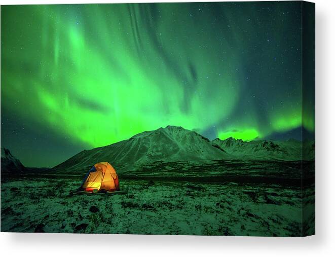 Camping Canvas Print featuring the photograph Camping Under Northern Lights by Piriya Photography