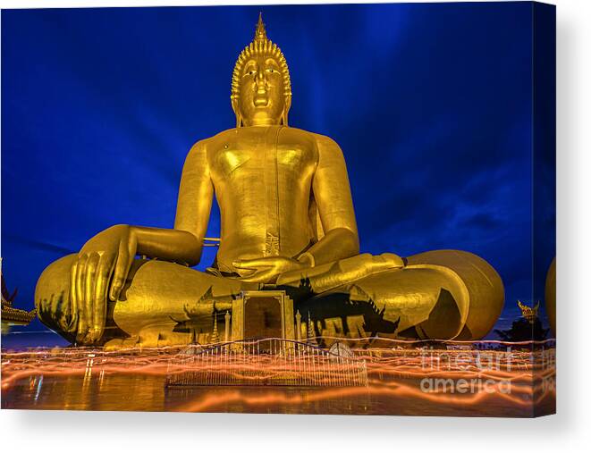 Pagoda Canvas Print featuring the photograph Candlelight Makha Bucha Day at Wat Muang by Anek Suwannaphoom