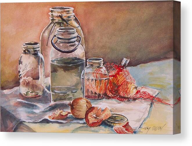 Still Life Canvas Print featuring the painting Canning Jars and Onions by Joy Nichols