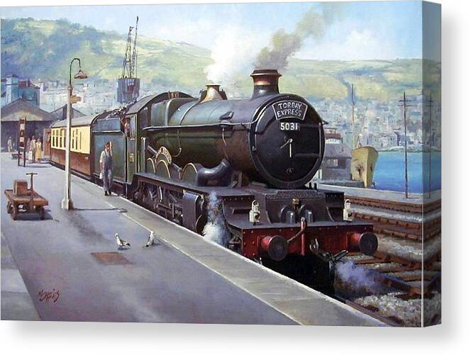 Train Canvas Print featuring the painting Castle at Kingswear 1957 by Mike Jeffries