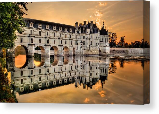 Chateau De Chenonceau Canvas Print featuring the photograph Chenonceau Castle in the twilight panorama by Weston Westmoreland