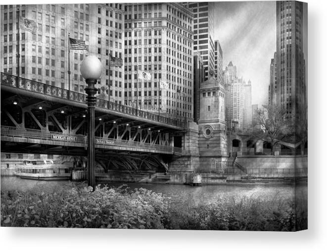 Chicago Canvas Print featuring the photograph Chicago IL - DuSable Bridge built in 1920 - BW by Mike Savad