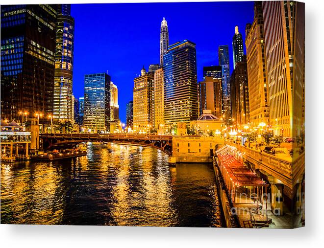 America Canvas Print featuring the photograph Chicago River Buildings at Night Picture by Paul Velgos