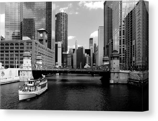 Bridge Canvas Print featuring the photograph Chicago River Skyline Bridge Boat by Patrick Malon