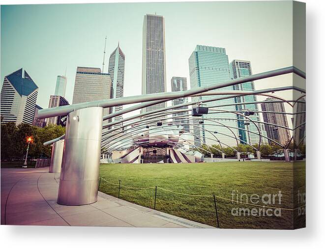 America Canvas Print featuring the photograph Chicago Skyline with Pritzker Pavilion Vintage Picture by Paul Velgos