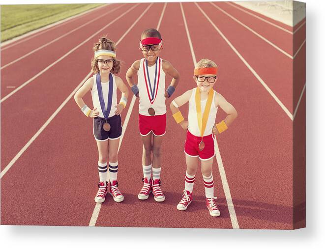 4-5 Years Canvas Print featuring the photograph Children Dressed as Nerds at Track Wearing Medals by RichVintage