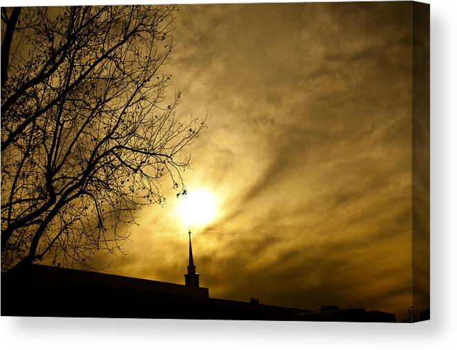 Church Steeple Canvas Print featuring the photograph Church Steeple Clouds Parting by Jerry Cowart