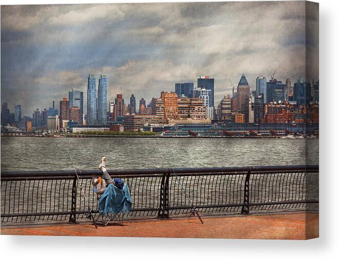 Savad Canvas Print featuring the photograph City - Hoboken NJ - Fishing - The good life by Mike Savad