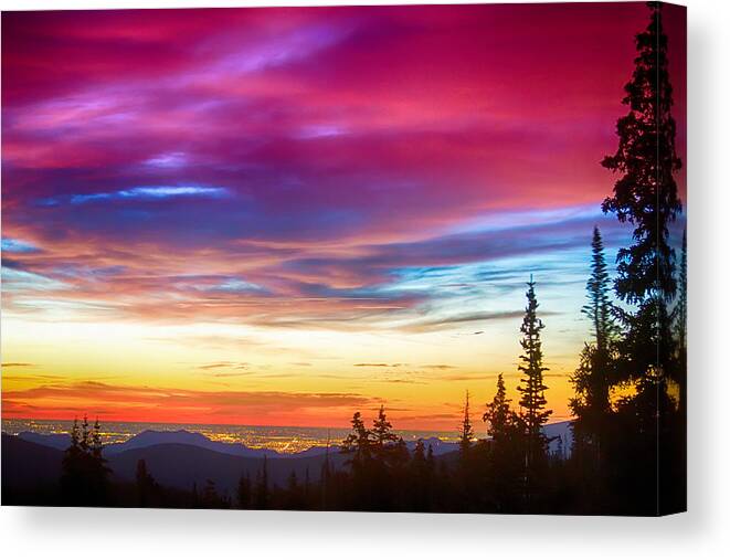 Beautiful Canvas Print featuring the photograph City Lights Sunrise View From Rollins Pass by James BO Insogna