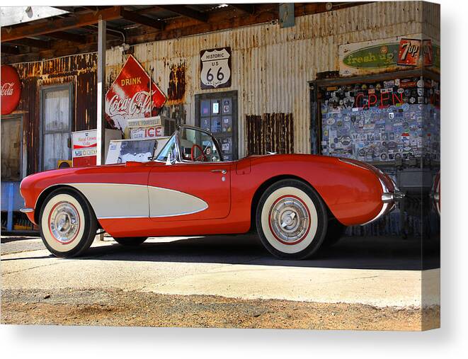 Corvette Canvas Print featuring the photograph Classic Corvette on Route 66 by Mike McGlothlen