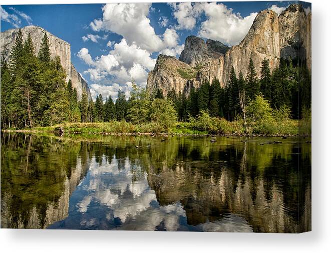 Water Reflection River Mountains Yosemite National Park Sierra Nevada Landscape Scenic Nature California Sky Clouds Clouds Day Canvas Print featuring the photograph Classic Valley View by Cat Connor