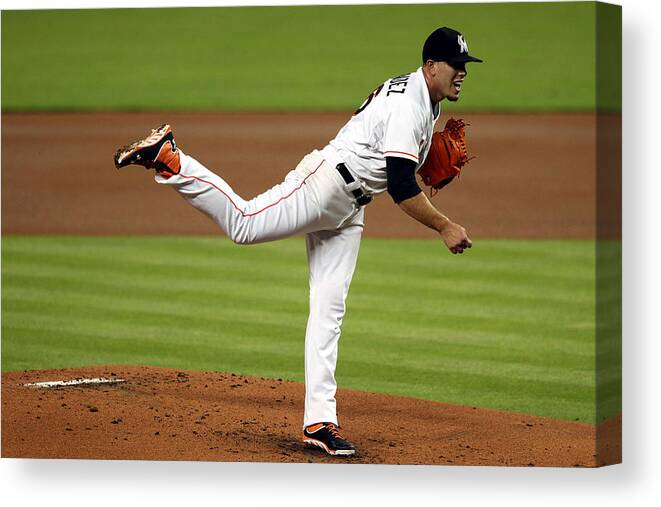 People Canvas Print featuring the photograph Cleveland Indians V Miami Marlins by Marc Serota