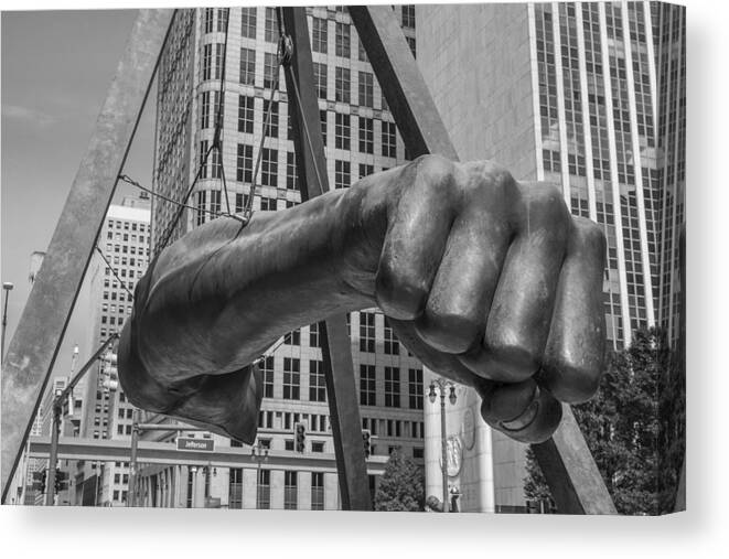 Detroit Canvas Print featuring the photograph Close Up of Joe Louis Fist Black and White by John McGraw