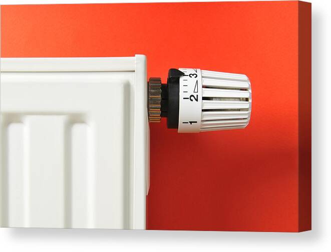 Natural Gas Canvas Print featuring the photograph Close-up of white thermostat and radiator on red background by Domin_domin