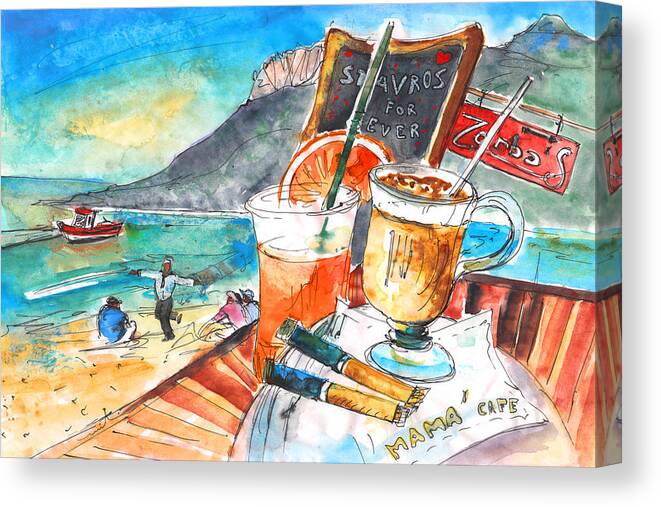 Travel Art Canvas Print featuring the painting Coffee Break in Stavros in Crete by Miki De Goodaboom