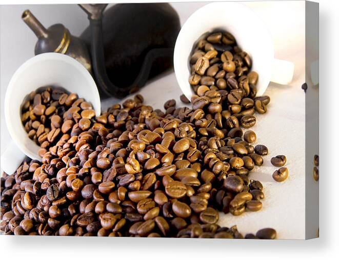Africa Canvas Print featuring the photograph Coffee Pot Two Coffee Cup And Coffee Beans by Joel Vieira