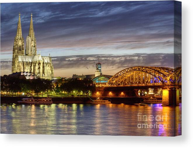 Cologne Canvas Print featuring the photograph Cologne Cathedral with Rhine Riverside by Heiko Koehrer-Wagner