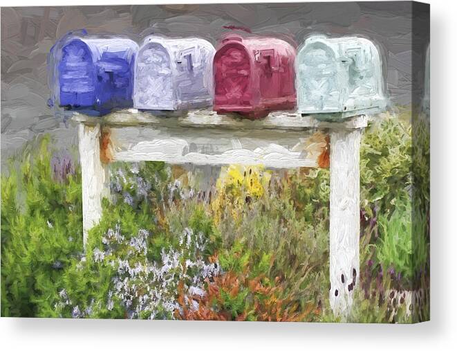 Mailboxes Canvas Print featuring the photograph Colorful Mailboxes and Flowers Painterly Effect by Carol Leigh