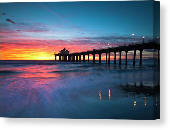 Tranquility Canvas Print featuring the photograph Colorful Manhattan Beach Pier by Andrew Kennelly