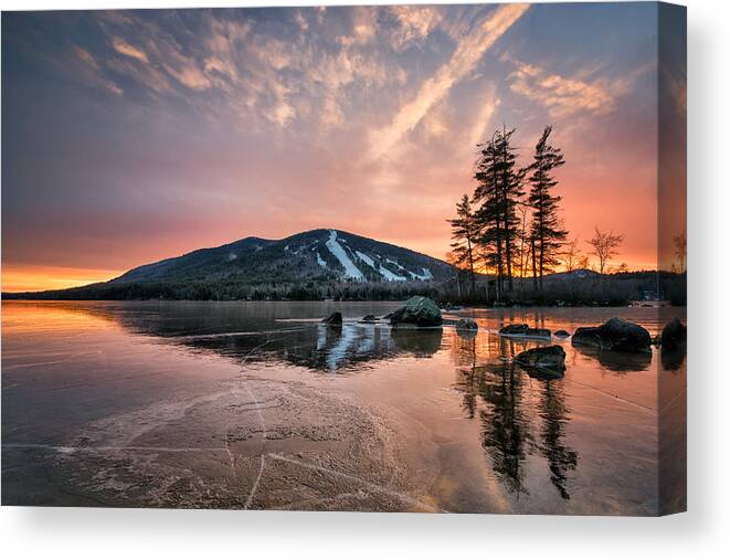 #moosepond#shawnee#pleasantmountain#maine#winter#sunset Canvas Print featuring the photograph Colorful Sky and Frozen Pond by Darylann Leonard Photography