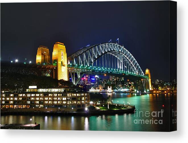 Photography Canvas Print featuring the photograph Colorful Sydney Harbour Bridge by Night by Kaye Menner