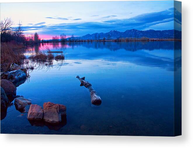 Coot Lake Canvas Print featuring the photograph Coot Lake Boulder Flatiron Early Morning View by James BO Insogna