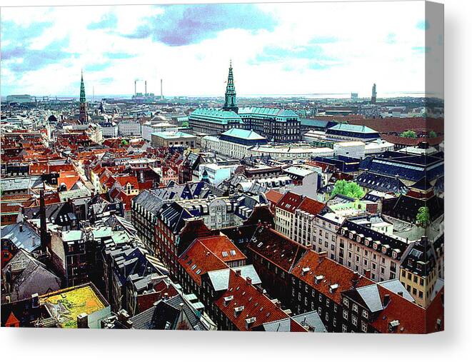 Copenhagen Canvas Print featuring the photograph Copenhagen Roofs with Danish Parliament I by Kim Lessel