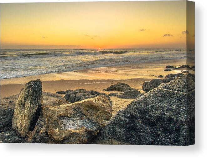 Sunrise Canvas Print featuring the photograph Coquina Rocks Sunrise in New Smyrna Beach by Danny Mongosa