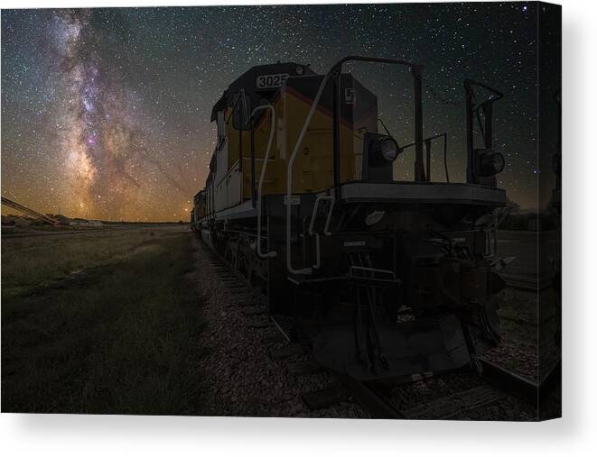 Night Train Canvas Print featuring the photograph Cosmic Train by Aaron J Groen