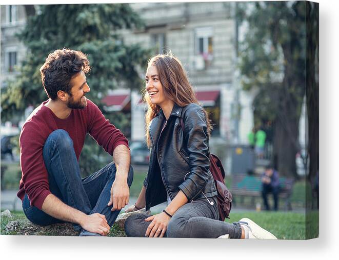 Bulgaria Canvas Print featuring the photograph Couple on a date at the park by Mixmike