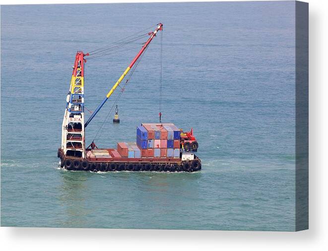 Coast Canvas Print featuring the photograph Crane barge with cargo by Science Photo Library