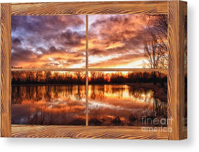 Windows Canvas Print featuring the photograph Crane Hollow Sunrise Barn Wood Picture Window Frame View by James BO Insogna