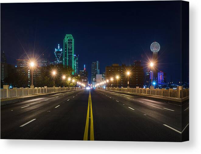 Dallas Canvas Print featuring the photograph Crossing The Bridge to DownTown Dallas at Night by Todd Aaron