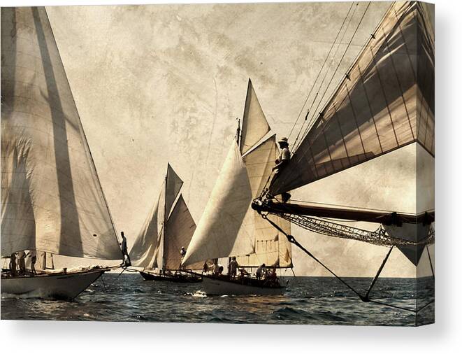 Outdoor Canvas Print featuring the photograph A vintage processed image of a sail race in port Mahon Menorca - Crowded sea by Pedro Cardona Llambias