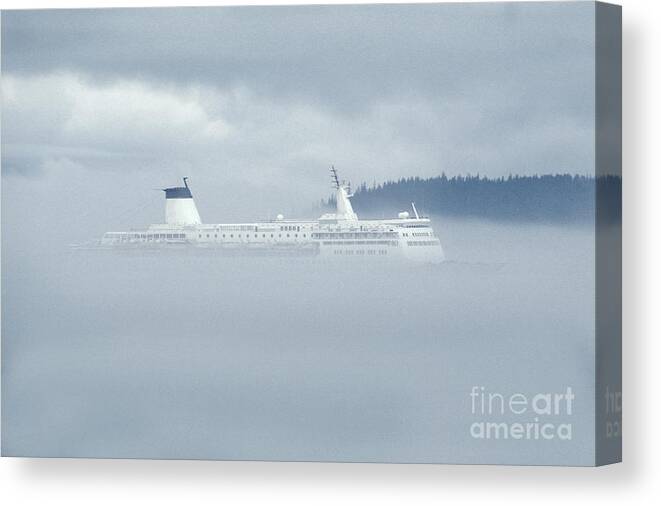 Transportation Canvas Print featuring the photograph Cruise Ship In Fog by Ron Sanford