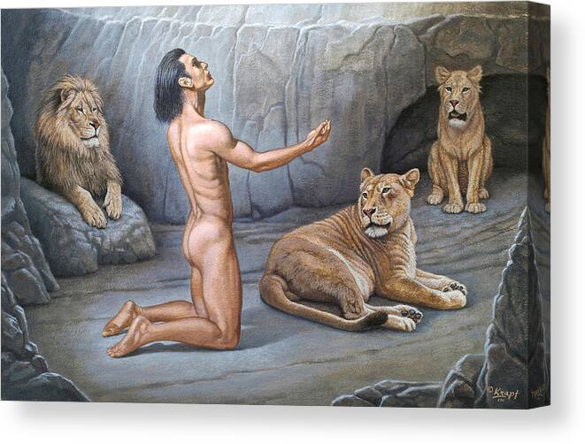 Figure Canvas Print featuring the painting Daniel in the Lion's Den by Paul Krapf