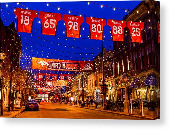 Blue Canvas Print featuring the photograph Denver Larimer Square Blue Hour NFL United in Orange by Teri Virbickis