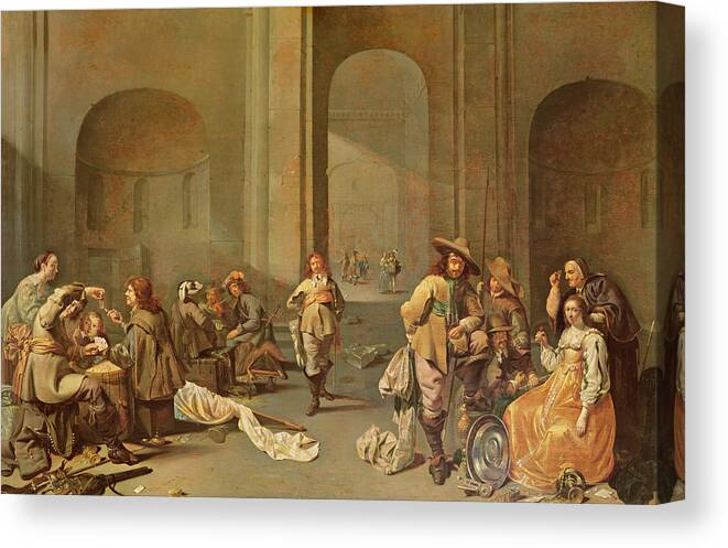 Girkwd; Interior; Romanesque; Church; Depot; Deposit; Jewellery; Military; Army; Soldier; Soldiers; Plunder; Stolen; Goods Canvas Print featuring the painting Depositing the spoils by Jacob Duck