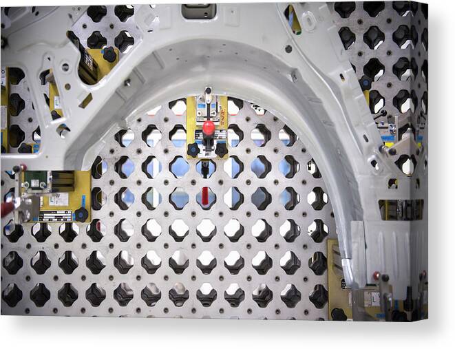 Manufacturing Equipment Canvas Print featuring the photograph Detail Of Car Part On Measuring Machine by Monty Rakusen