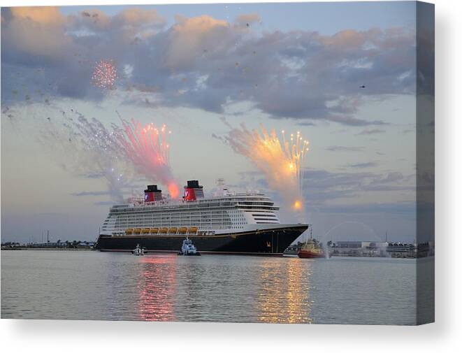 Disney Canvas Print featuring the photograph Disney Fantasy and fireworks by Bradford Martin